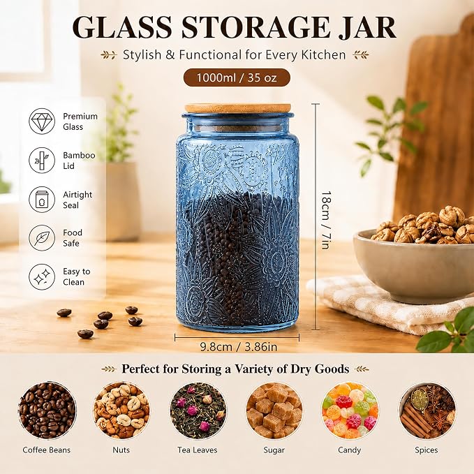 Custde Glass Storage Jars With Airtight Lid, 35oz Canister For Kitchen Counter with Bamboo Lid, brown sugar, candy, coffee, cookie, salt, tea,pantry cute Jar (Blue, 35 fl oz)