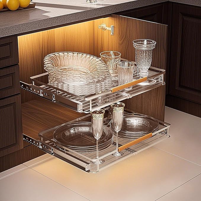 2 Pack Expandable Pull Out Cabinet Organizer，Side Mounting 16.3~26.3"x17.3"Cabinet Pull Out Shelves, Expandable Slide Out Spice Rack for Kitchen Bathroom Office