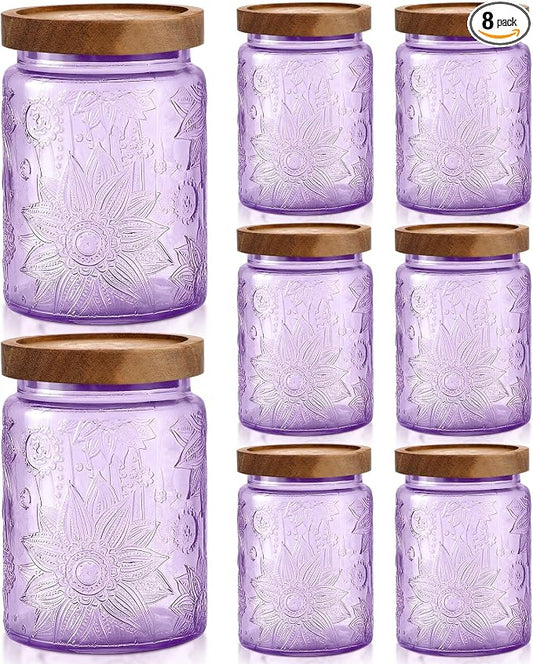 LemonRoad 8 Pcs Vintage Purple Glass Storage Jars 23.67 oz Candy Jar Canister with Solid Wood Lids Food Storage Container for Kitchen, Ground Coffee, Tea, Sugar, Decorative Mason Cookie Jar