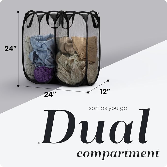 Double Laundry Hamper, Pop Up Mesh 2 Section - Handy Laundry Collapsible Divided Hamper, Large 44 Gallon Foldable Basket with Reinforced Handles for College Dorm, Travel, Home, Black
