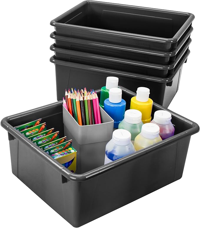 Storex Letter Size Deep Storage Tray – Organizer Bin for Classroom, Office and Home, Black, 5-Pack (62523U05C)
