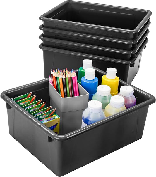 Storex Letter Size Deep Storage Tray – Organizer Bin for Classroom, Office and Home, Black, 5-Pack (62523U05C)