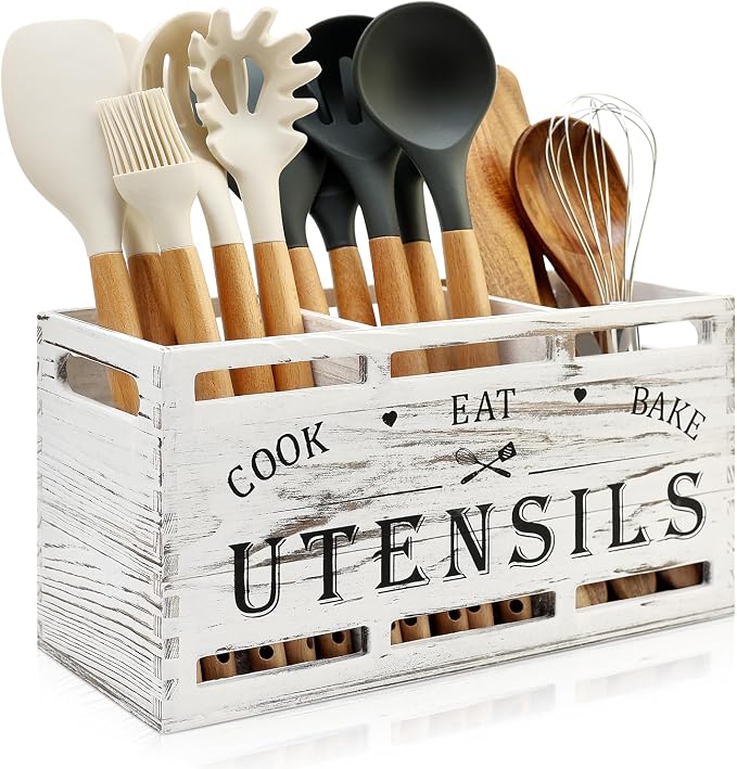 White Cooking Kitchen Utensils Holder Large Wooden Spoon Spatula Holders | Big Wood Utensil Organizer Farmhouse Wooden Utensil Caddy Rustic Spoon Holder Countertop Kitchen Tools Decor Utensil Crocks