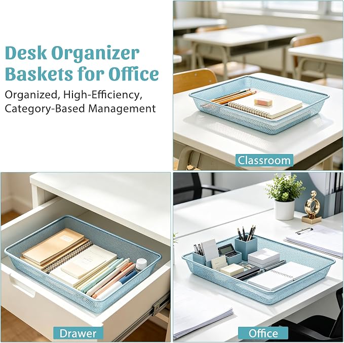 Office Metal Mesh Basket for Desk, Single Paper Tray Organizer, Turn in Trays Classroom, Flat Mail Letter Storage Basket for Office Home Drawers School (5, Blue)