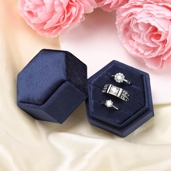 WantGor Velvet Jewelry Ring Box, 3 Slots Hexagon Ring Gift Box Ring Holder | Vintage Ring Display Case for Wedding Ceremony Proposal Engagement (Navy Blue, 3 Slots)
