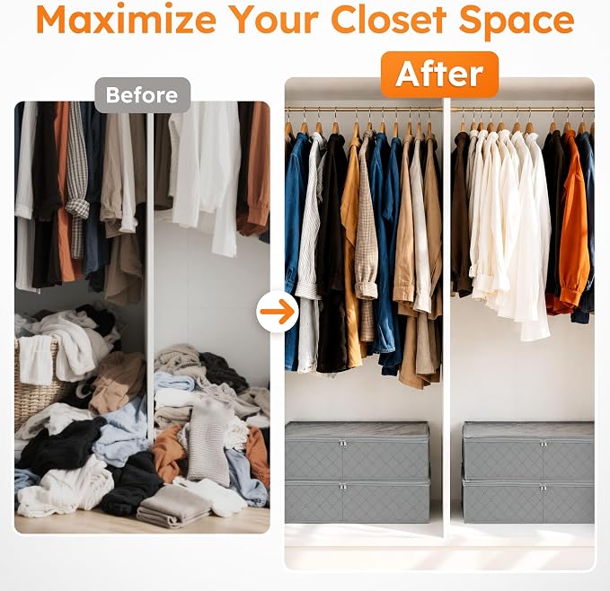 LotFancy Under Bed Storage Bags with Clear Window & Handles, 24” x 16” x 6" | Foldable Closet Organizers, Clothes Blankets Container, Space-saving Storage Bins, with Cardboard Support, Pack of 2, Gray