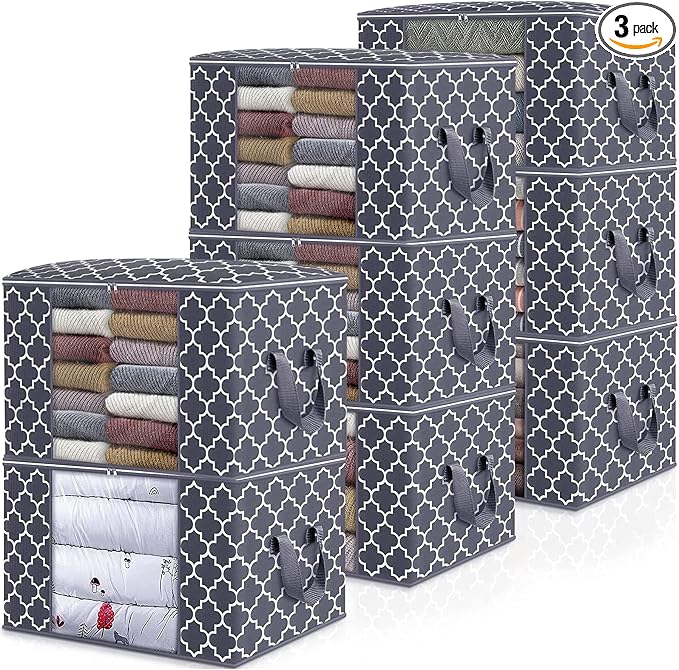 WISELIFE Storage Bags, Large Blanket Clothes Organization and Storage Containers for Bedding, Comforters, Foldable Organizer with Reinforced Handle, Clear Window,Sturdy Zippers,(Grey, 8 x 100L)