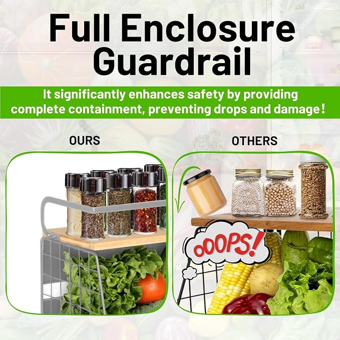 Ofiray-home Magnetic Fridge Shelf with Wood Lid, Fruit Potato Onion Storage Bins, Pantry Organizers, Large Container Spice Rack for Refrigerator, Kitchen Counter, Cabinet (2, Silver)