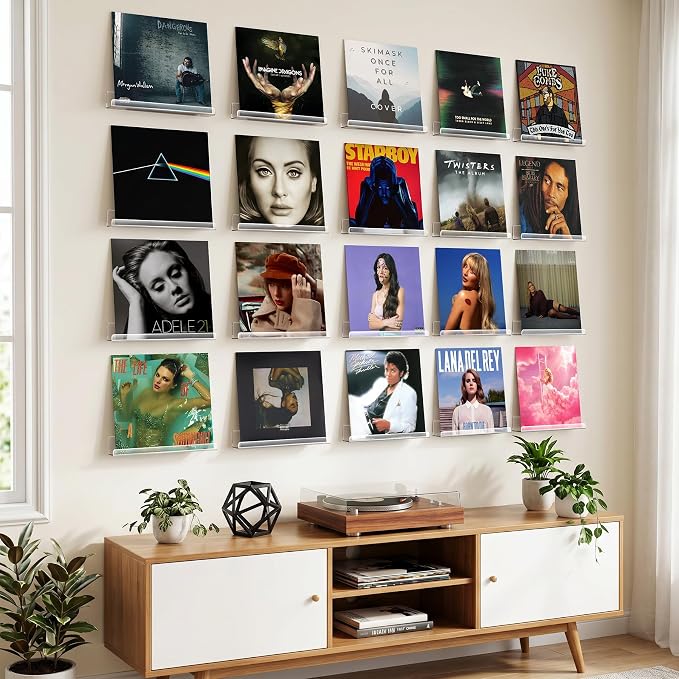 Gotega 20 Pack Vinyl Record Shelf Wall Mount, 12 inch Album Record Holder Display, Clear Acrylic Floating Shelves for Wall, Suitable for Bedroom, Living Room, Magazine Shelf, Kids Bookshelf, etc