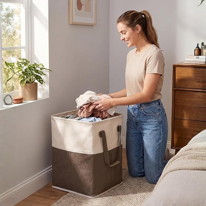BIRDROCK HOME Square Cloth Laundry Hamper with Handles - Dirty Clothes Sorter - Easy Storage - Foldable - Brown and White Canvas
