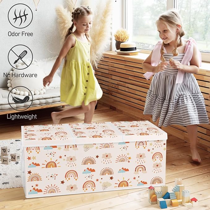 Extra Large Collapsible Toy Box with Lids, Sturdy Storage Organizer for Kids, 38"x16"x13" Toy Chest for Playroom, Nursery, Bedroom, Living Room (Boho Rainbows)