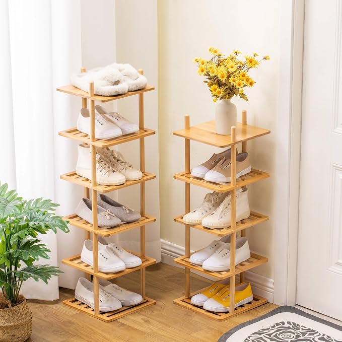 6-Tier Vertical Shoe Rack - Tall Narrow Shoe Rack Organizer for Small Spaces,Bamboo Shoen Shelf for Entryway,Closet,Corner,Doorway,Skinny Shoe Shelf Space Saving Shoe Storage (Natural, 6-Tier)