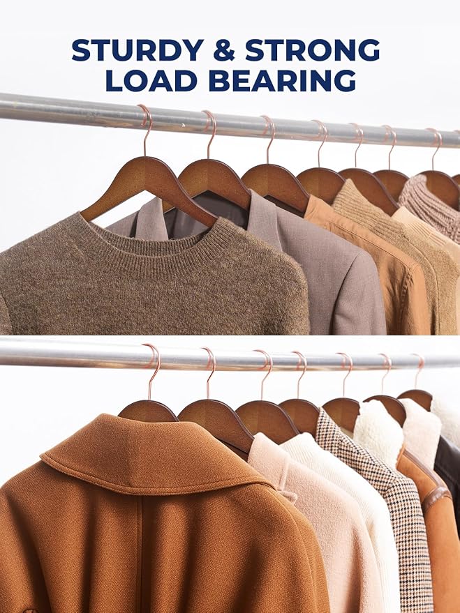Smartor Wooden Hangers 10 Pack, Solid Wood Coat Hanger for Closet, Heavy Duty Wood Hangers for Suits, Shirts, Dresses, with 360° Rose Gold Hook, Non Slip Pant Bar, Walnut