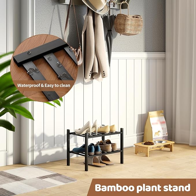 Bamboo Shoe Rack Stackable Shoe Shelf Storage Organizer for Unit Entryway Hallway and Closet Sturdy Freestanding Small Shoe Shelf(2S Tier Black)