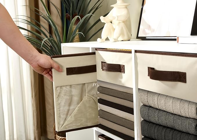 DECOMOMO Storage Bins, Cube Storage Bin with Window | 11" Cube, 6 Pack, Fabric Storage Cubes for Shelves (Beige)