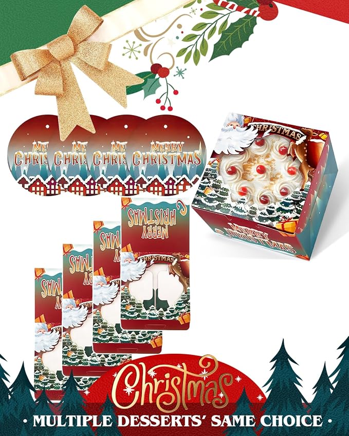 qiqee Christmas 10x10x5 Cake Box, 4 Sets Christmas Cake Box with Window ＆ 4 Sets 10 Inch Christmas Snow House Cake Round Boards, 10 Inch Cake Containers