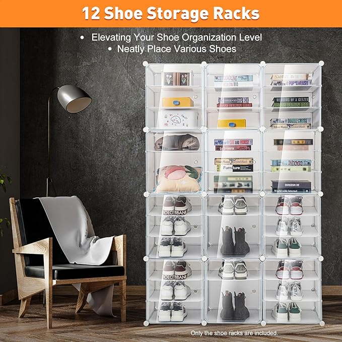 12Pcs 3-Layer Shoe Storage Box, Foldable Shoe Organizer Boxes Capable of Holding 72 Pairs, Plastic Shoe Organizer with Transparent Cover, Free Standing Shoe Rack Expandable for High Heels, Boots