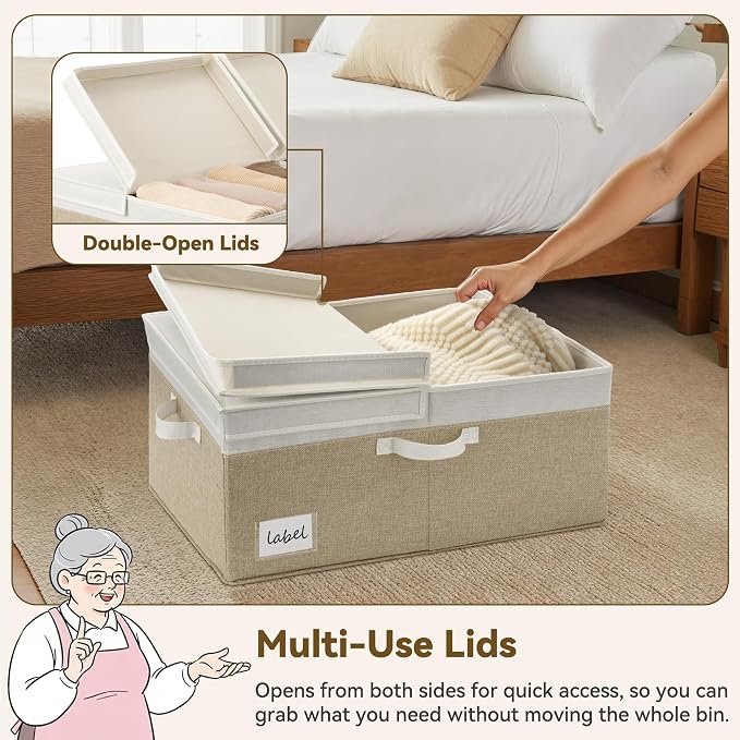GRANNY SAYS Decorative Storage Boxes with Lid, Large Storage Bins with Label, 63L Fabric Storage Bin for Clothes, Toy Storage Chest, Memory Keepsake Box, White/Khaki
