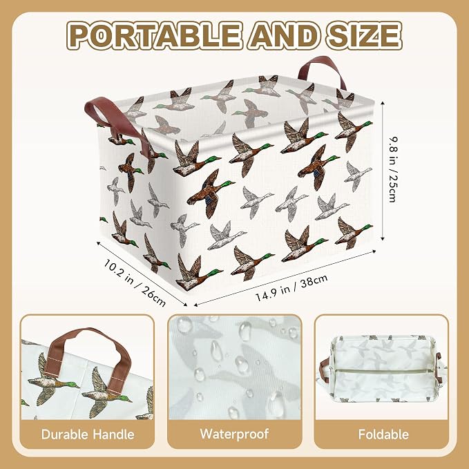 Mallard Duck Storage Basket Waterproof Canvas Toy Storage Bin Mallard Duck Room Decor Collapsible Outdoor Basket with Leather Handles Blanket Baskets For Closets,Bedrooms,Gifts Baskets