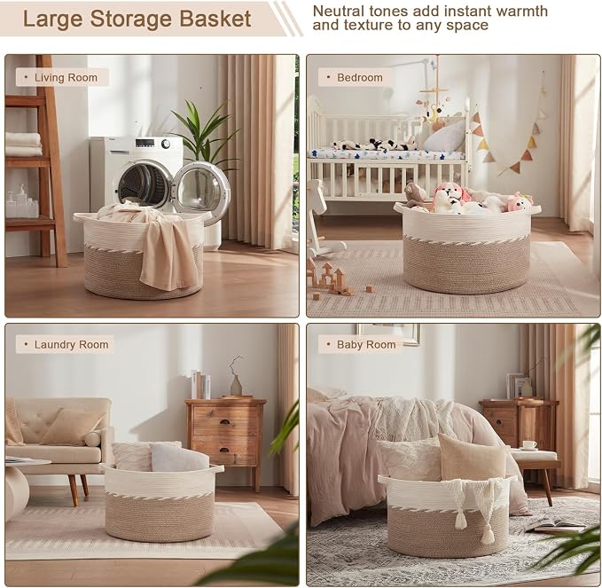 OIAHOMY 125L Extra Large Blanket Basket, 25" x 16", Jumbo Laundry Hamper, Cotton Rope Basket with Handles for Living Room,Baby Toy Storage Bins, Brown