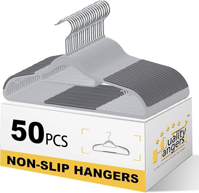 Quality Clothes Hangers 50 Pack - Non-Velvet Plastic Hangers for Clothes - Heavy Duty Coat Hanger Set - Space-Saving Closet Hangers with Gray Swivel Hooks - Functional Non-Flocked
