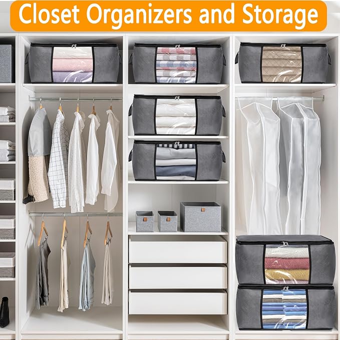 BiCINE 6 Pack Clothes Storage Bags with Zipper, Foldable Blanket Storage Box with Clear Window Reinforced Handles for Closet, Dorm, Pillows, Bedding, Sheet, Comforter, 45L Gray