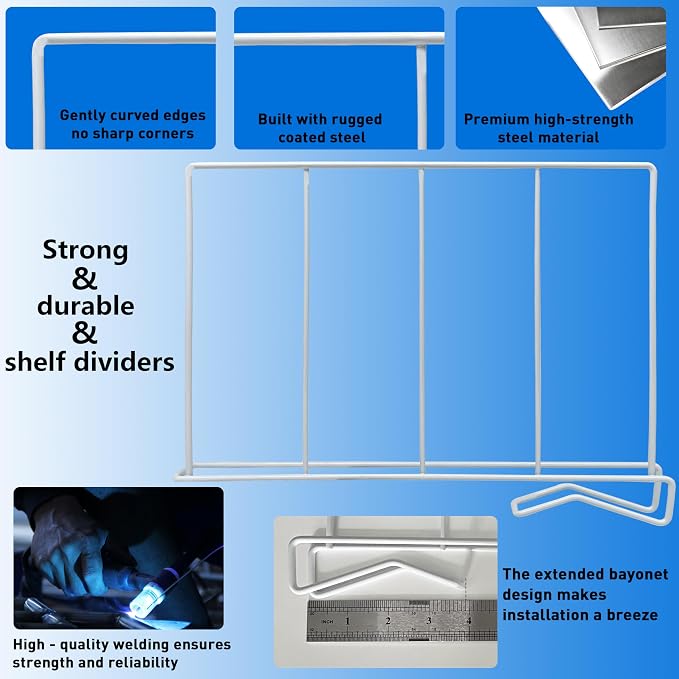 Wire Shelf dividers, Heavy Duty-Shelf dividers, [3.9"] Reinforced Wide BottomAnti &Tip Bottom Stability,Durable Coated Steel, Will not brea-Set of 8, White