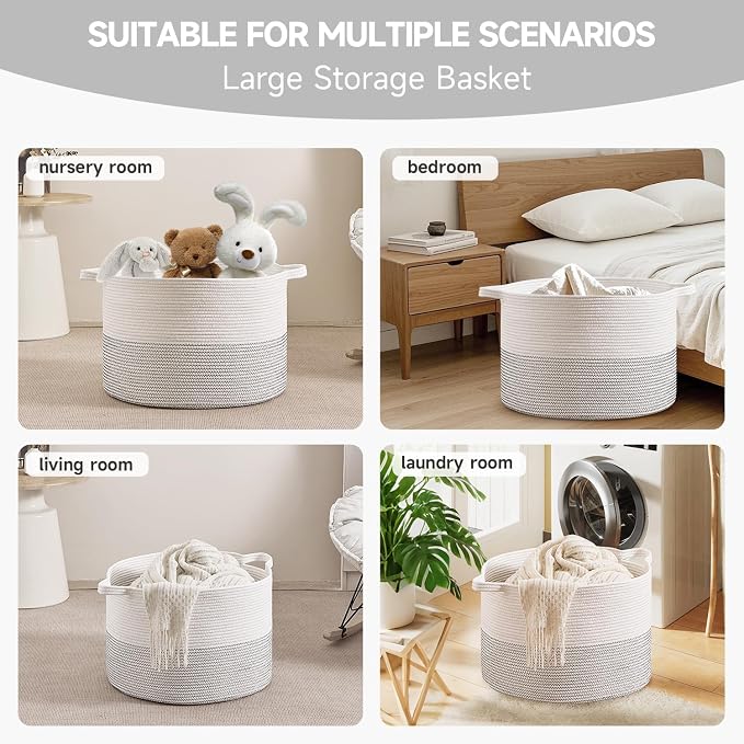 CLHMILY&Z Large Storage Basket - 20x13 Inches - Blanket Basket for Living Room, Woven Storage Basket, Large Laundry Basket for Clothes, for Tree Plant, Mix White