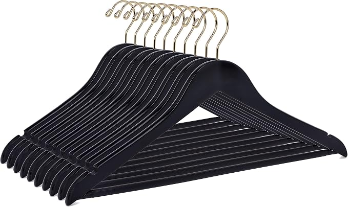 Quality Wooden Hangers - Slightly Curved Hanger 90 Pack Sets - Solid Wood Coat Hangers with Stylish Chrome Hooks - Heavy-Duty Clothes, Jacket, Shirt, Pants, Suit Hangers(Black - Gold Hook, 90)