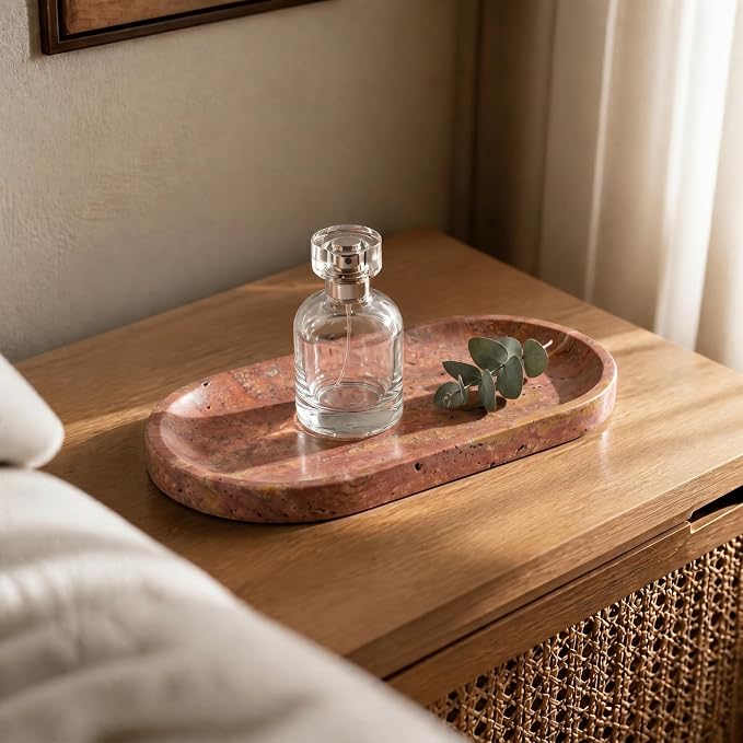 YKAJO Red Travertine Oval Marble Tray, 9.8x4.7 Vanity Perfume Organizer | Honed natural stone; jewelry & trinket dish, ring & key holder, soap & candle catchall; bath counter, dresser, coffee table