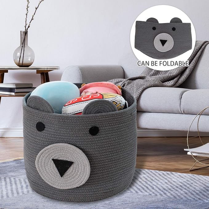 VK VK·LIVING Cotton Rope Bear Animal Basket Foldable Large Woven Storage Basket Baby Nursery Cute Laundry Hamper for Toys, Blanket, Clothes in Bedroom Living Room Toy Box for Baby 14x14 Grey