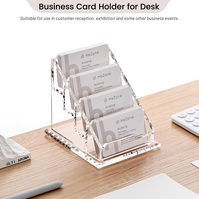 HeZone Acrylic Card Holder Clear Horizontal Business Card Organizer Stand for Desk 4 Slots 4 Tier Business Cards Stand for Women and Men,Office Desk Accessories,Organize 200 Cards-1 Pack(4Slots-H)