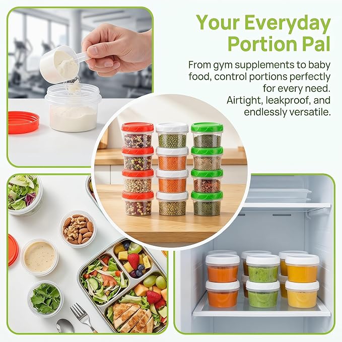 EONJOE 4oz Airtight Plastic Food Storage Containers with Lids, 6pcs | Dishwasher safe ,BPA free,Reusable,Round jars ,Perfect for salad dressing sauce lunch to go