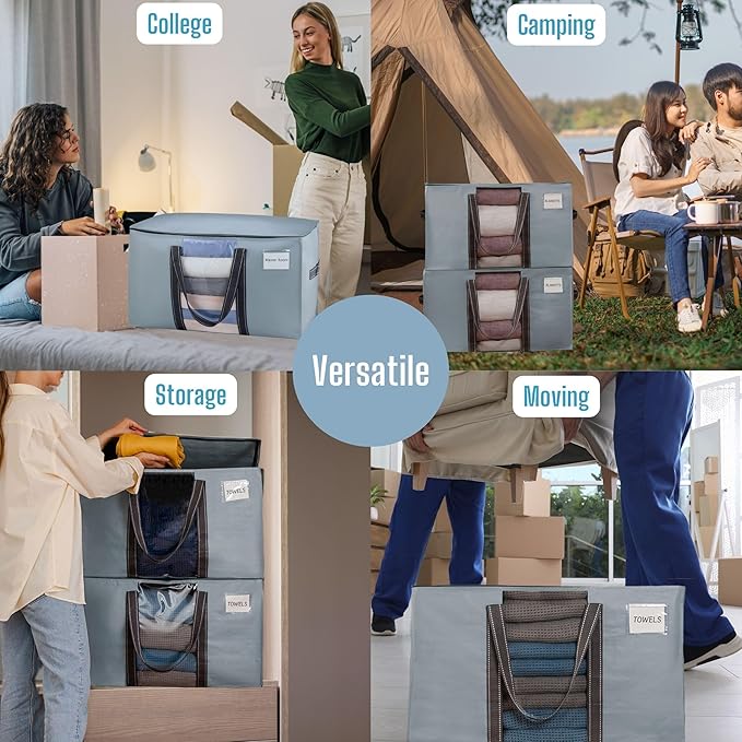 VENO 10 Pack Moving Bags with Clear Window, Heavy Duty Storage Bins with Lid, Around Handles, Tag, Zippers, Extra Large Totes Packing Moving Boxes Supplies for College Dorm Clothes (Light Blue)