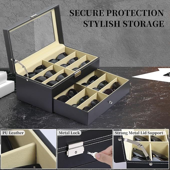 AUTOARK Leather 12 Piece Sunglass Storage Display Case,Black,AW-023 | Eyeglasses Organizer,Drawer Style,Lockable,Glass Top