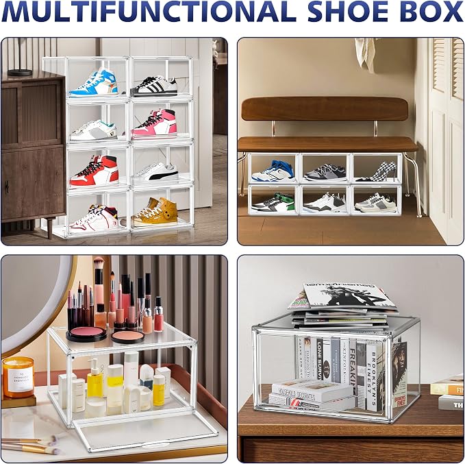 12 Pack Acrylic Clear Shoe Storage Boxes Size 12, Transparent Display Case for Sneaker Collections, Baseball Caps, Hat Organizer Dust-free Shoe Cubbies Stackable Sneaker Boxes