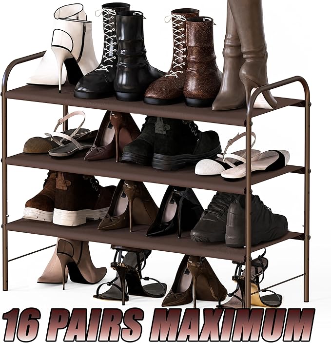 Simple Houseware 3-Tier Shoe Rack Storage Organizer, Bronze – Space-Saving Shoe Shelf, Holds 9–16 Pairs, Sturdy Metal Frame, Easy Assembly – Closet, Entryway, Bedroom Shoe Storage Solution