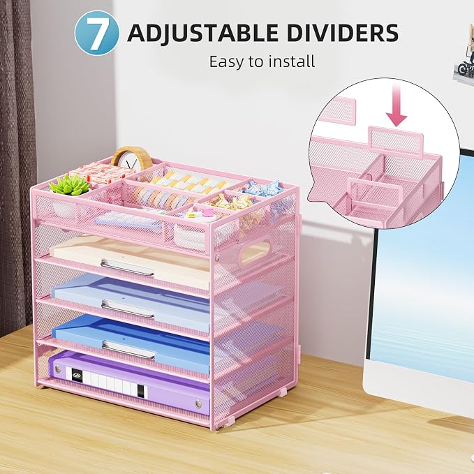 Marbrasse 5 Tier Paper Organizer Letter Tray, Mesh Desk File Organizer with Handle, Paper Sorter Desk Organizer for Home Office Supplies - Pink, Adjustable