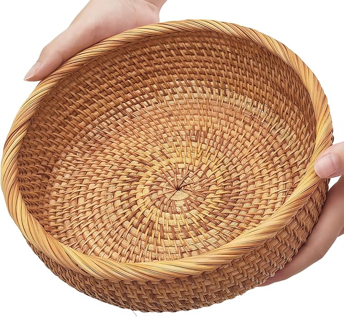 9.2" Medium Round Rattan Wicker Bread Basket, Natural Fruit Basket for Kitchen Counter, Hand Woven Food Baskets, Artisanal Bread Baskets for Serving, Fruit, Vegetable, Snack, key, Etc.