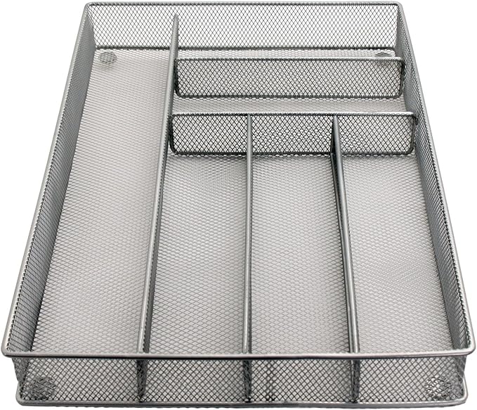 Mesh Large Cutlery Tray with Foam Feet - 6 Compartments - Kitchen Organization/Silverware Storage Utensil Flatware Tray