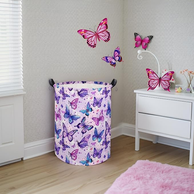 Baby Laundry Basket Baby Hamper for Nursery Girl Kids Butterfly Hamper Cute Kids Storage Bin Organizer Room Decor for Home(Purple Butterfly)