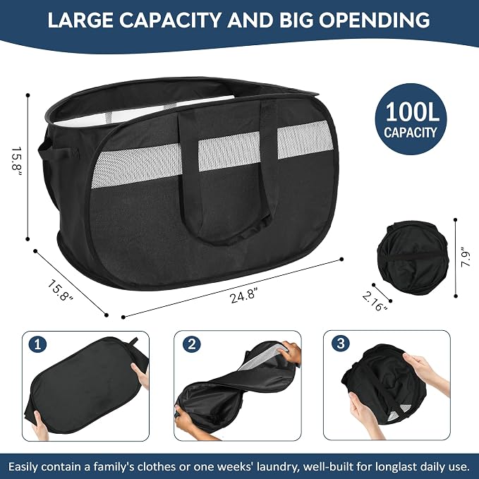 100L Collapsible Laundry Baskets, Foldable Dual Handle Laundry Hamper Black | Lightweight, Easy to Carry, Up and Downstairs, Tear-Proof, Space-saving, for Laundry Room, Bedroom, Bathroom, Travel, Dorm