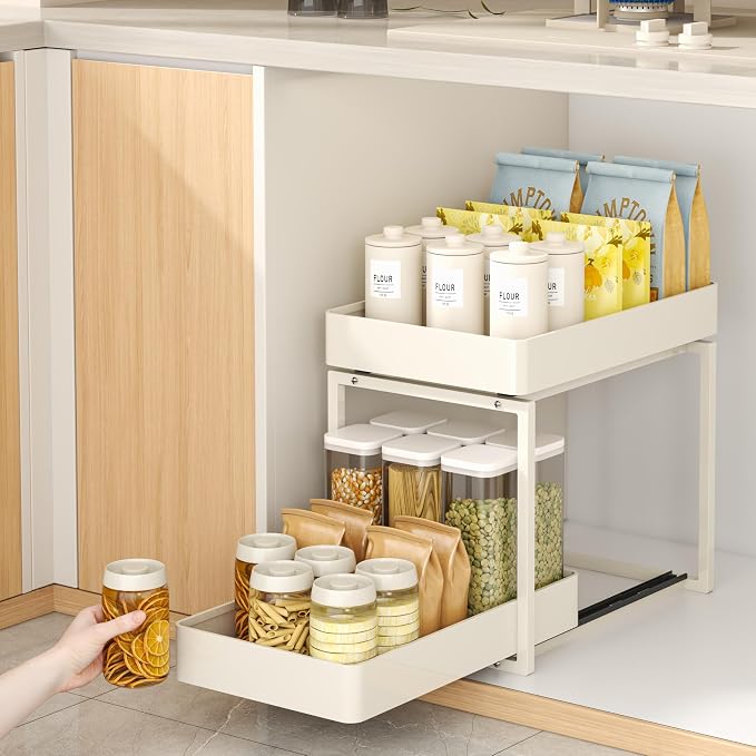 2 Tier Pull Out Cabinet Organizer with Sliding Basket Bathroom Cabinet Organizer, Bathroom Kitchen Multi-Purpose Under Sink Organizer and Storage Cabinet in Metal 1 pack