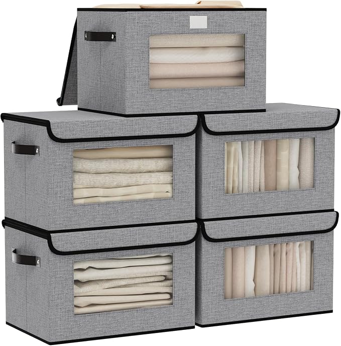 Gray Storage Baskets with Lid,Closet Bin,13x9.1x7.9In,5Pack | Fabric Storage Bin with Handles,Portable Decorative Box for Clothes,Hat, Books,Shelf Baskets,Closet Organizers for Bedroom