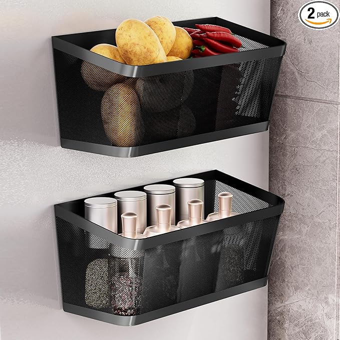2Pcs Magnetic Spice Rack for Fridge Magnet Hanging Basket Holder for Seasonings Fruit Vegetables Coffee Beans Magnetic Organizer Shelf, Kitchen Refrigerator Organizers