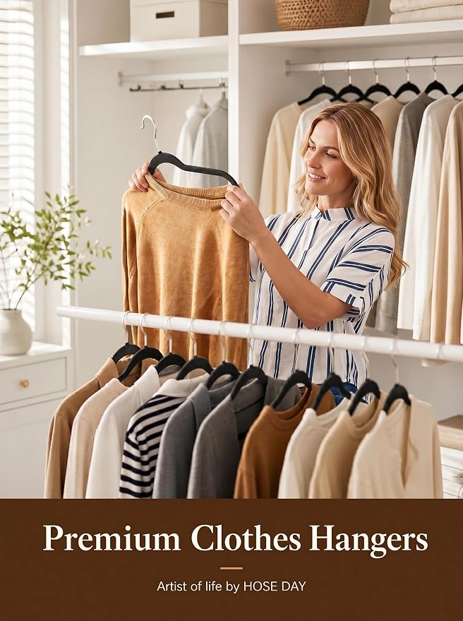 HOUSE DAY Black Velvet Hangers 50 Pack - Non Slip Felt Hangers Closet Essentials, Premium Space Saving Hanger, Gentle on Clothes, Sturdy Shoulder Design
