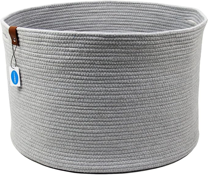 Casaphoria XXXLarge Cotton Rope Basket for Living Room - Woven Storage Basket with Handle for Blankets, Towels and Pillows Laundry Hamper | Dark Grey (21" x 21" x 13.8")
