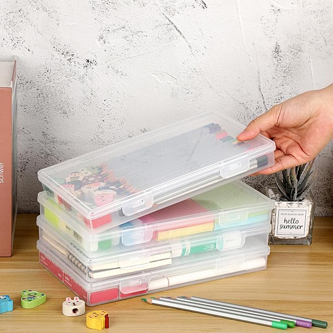 BTSKY Clear Plastic Storage Box with Flap Lid, Multipurpose Craft Organizers and Storage Box Art Supply Storage Organizer Plastic Sewing Box for Beads Pencils Sticky Notes, 4 Pack Medium Small