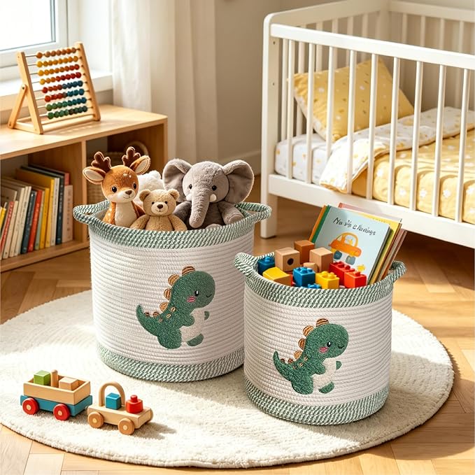 Cute Nursery Bin, Baby Toy Organizer (13.8"x13.8"), Storage Basket for Organizing, Woven Rope Basket for Shelves, Cute Baskets with Handle for Nursery, Playroom (Dinosaur, Large)
