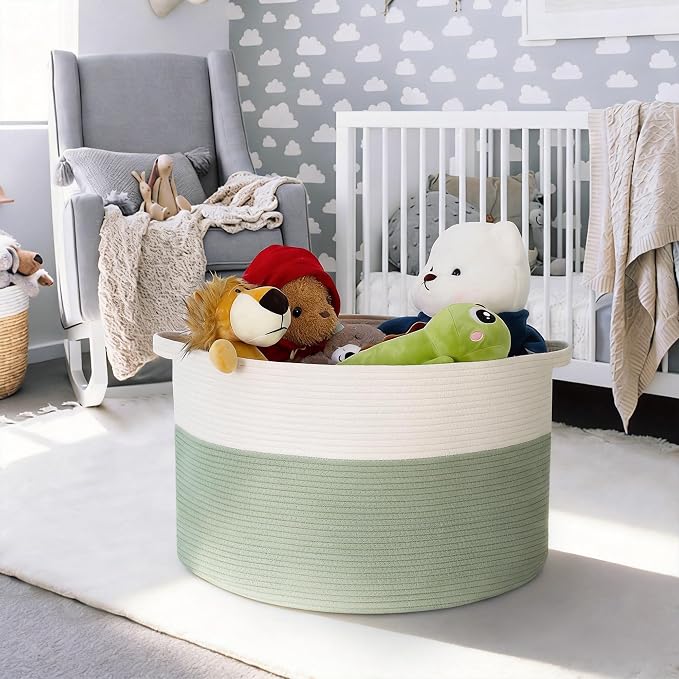 MEGASKET Extra Large Blanket Basket, 22" X 22" X 14" Kids Dog Toy Storage Bin Box, Nursery Baby Toddler Toy Organizer, Soft Cotton Rope Woven Bin, Large Basket for Blankets for Living Room, Green